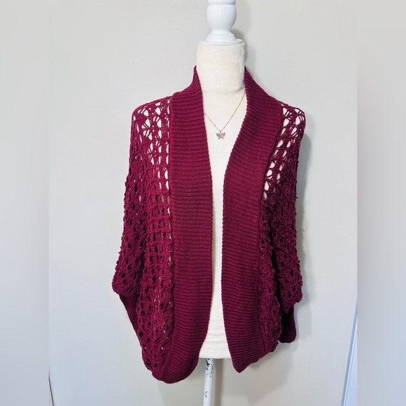 Abound Womens Cardigan S/M Red Wine BOHO Bolero Crochet Sweater Shawl Soft lace - Picture 2 of 8
